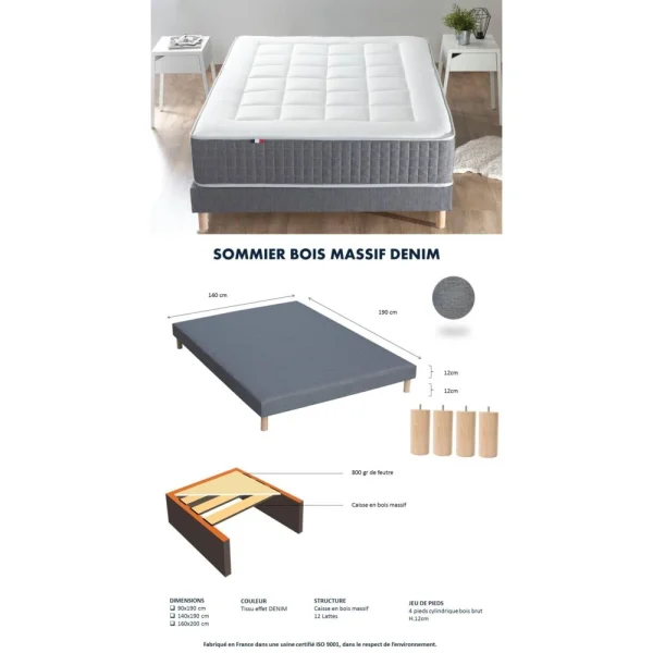 excellents soldes Lovea Sommier 12 Lattes Déco Bleu Denim + Pieds 140x190cm 6