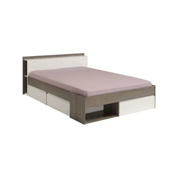 meilleure qualité BUT Lit 140×190/200 Cm Avec Rangements PUZZLE Imitation Noyer Et Blanc 3