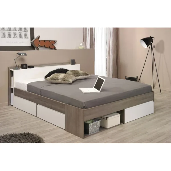 meilleure qualité BUT Lit 140×190/200 Cm Avec Rangements PUZZLE Imitation Noyer Et Blanc 4