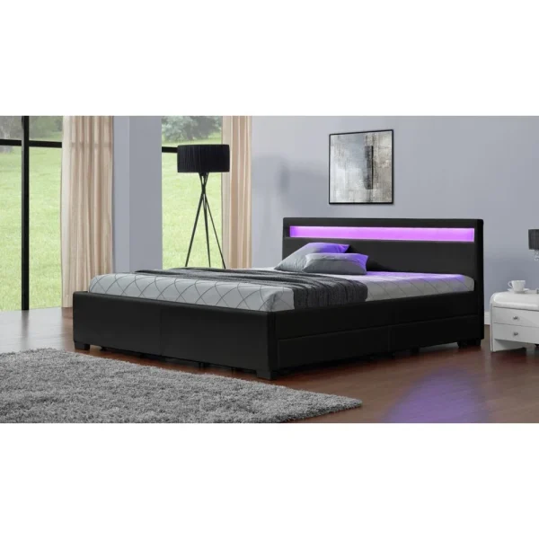 CONCEPT USINE Lit Enfield 160x190cm – Noir – Tête De Lit LED Et Rangements 4 Tiroir… shopping pas cher 6