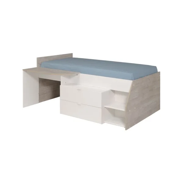 BUT Lit 90×200 Cm Avec Bureau Intégré CODY Blanc Et Gris boutique en ligne france 1