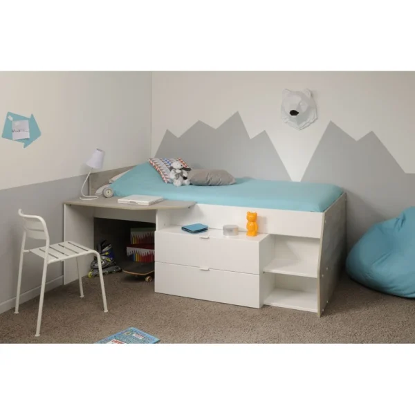 BUT Lit 90×200 Cm Avec Bureau Intégré CODY Blanc Et Gris boutique en ligne france 4
