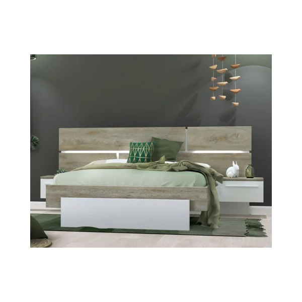 Tousmesmeubles Cadre + Tête De Lit 160*200 + Chevets Chêne Délavé/Blanc Mat – FLO… belle 1