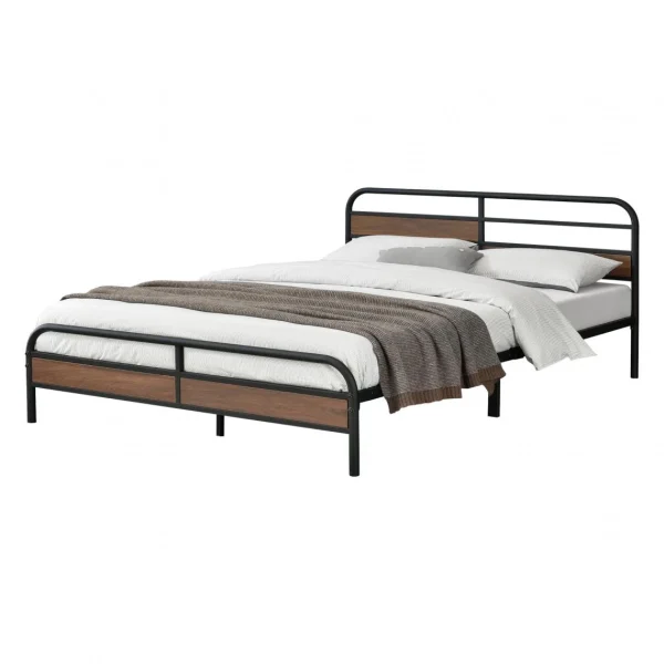 dernière tendance En.casa Cadre De Lit Double Aarau En Métal 180 X 200 Cm Noir Mat Effet Noyer … 1