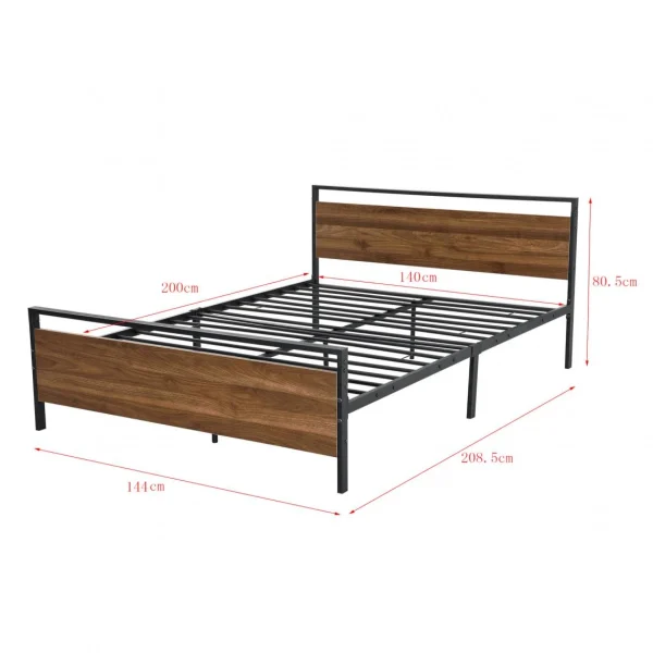 magasin pas cher En.casa Cadre De Lit Double Finse En Métal 140 X 200 Cm Noir Mat Effet Noyer … 3
