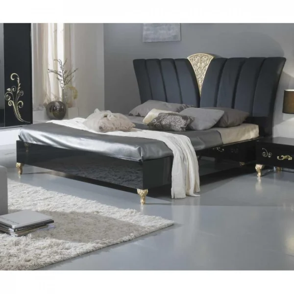 Dansmamaison Cadre De Lit + Tête De Lit 160×200 Laque Noir Brillant / Or – SEBORGA… nouvelle saison 1