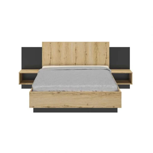 Tousmesmeubles Cadre + Tête De Lit 140*190 + Chevets Chêne/Noir – FIP excellente qualité 1
