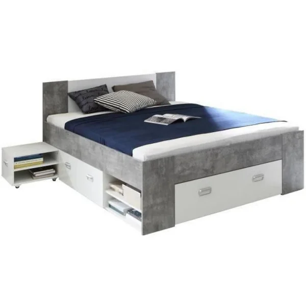 france en ligne CSTORE – Udine Lit Adulte 140×200 Cm 3 Tiroirs + Chevet – Blanc Et Dé… 1