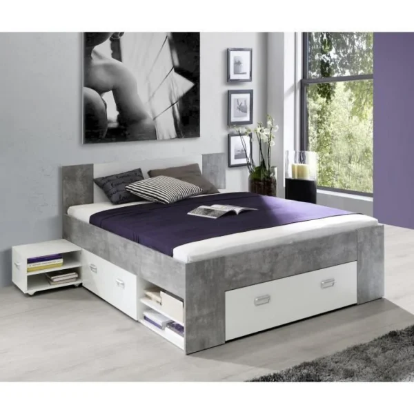 france en ligne CSTORE – Udine Lit Adulte 140×200 Cm 3 Tiroirs + Chevet – Blanc Et Dé… 4
