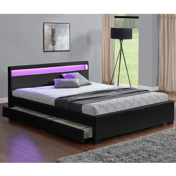 CONCEPT USINE Lit Enfield 160x190cm – Noir – Tête De Lit LED Et Rangements 4 Tiroir… shopping pas cher 1
