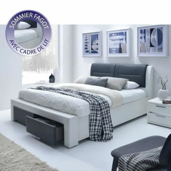 design à la mode SANS MARQUE IMAGINA Lit Adulte Contemporain Simili Blanc Et Noir – Sommier Inclus … 3