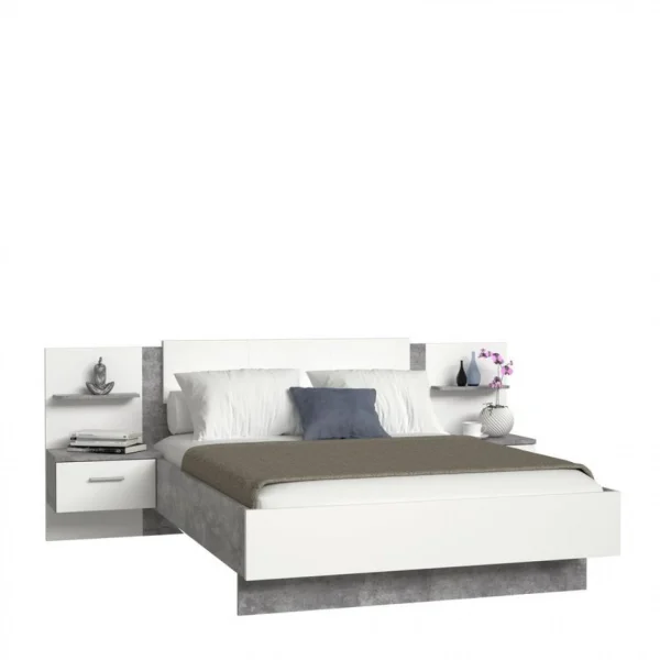 BUT Lit 140×190 Cm GINGER 2 Chevets Suspendus Gris Clair Et Blanc Mat vente en ligne pas cher 1