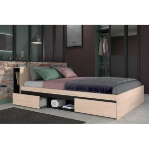 grand choix BUT Lit 140×190 Cm Avec 2 Tiroirs Et Tête De Lit Avec Rangements LODGE Im… 9