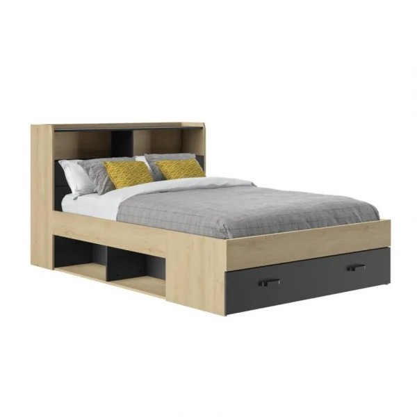 BUT Lit 140×190 Cm Avec Rangements SABIA Imitation Chêne Et Noir pas cher marque 1