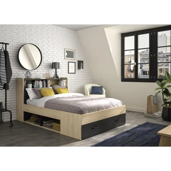 BUT Lit 140×190 Cm Avec Rangements SABIA Imitation Chêne Et Noir pas cher marque 3