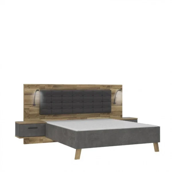 soldes pas cher BUT Lit 140x190cm Chevets Intégrés RICCIANO Imitation Chêne Béton Gris 1