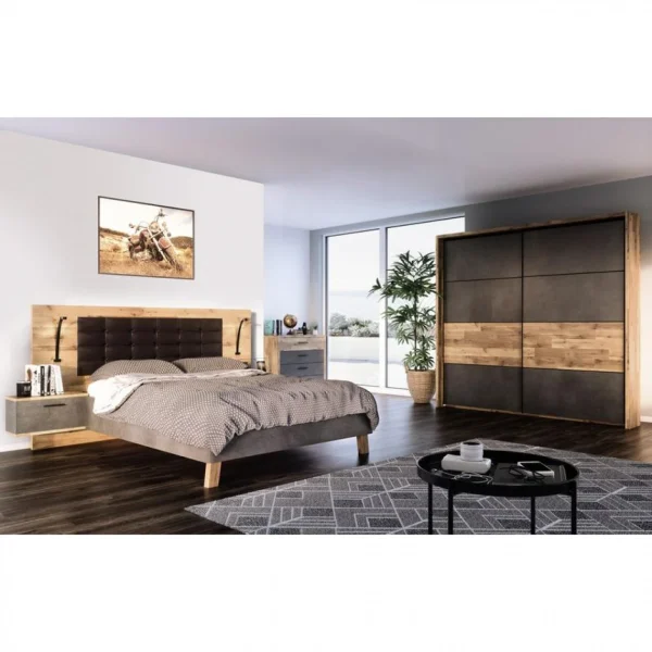 soldes pas cher BUT Lit 140x190cm Chevets Intégrés RICCIANO Imitation Chêne Béton Gris 3
