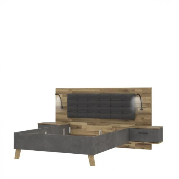 soldes pas cher BUT Lit 140x190cm Chevets Intégrés RICCIANO Imitation Chêne Béton Gris 4
