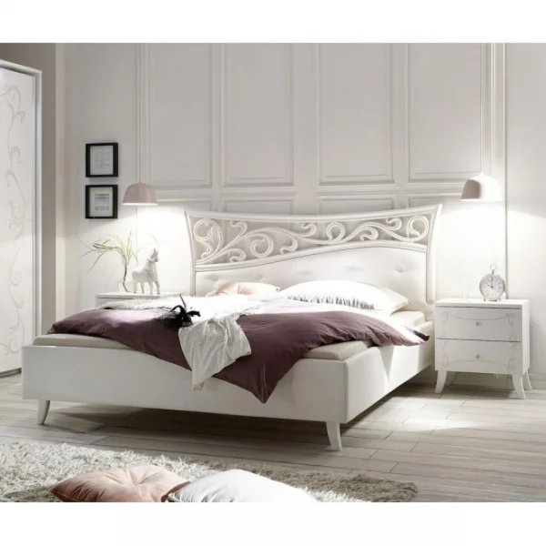 Dansmamaison Lit 160×200 Bois Blanc – ESMERALDA – L 183 X L 211 X H 116 Cm Distributeur Officiel 1