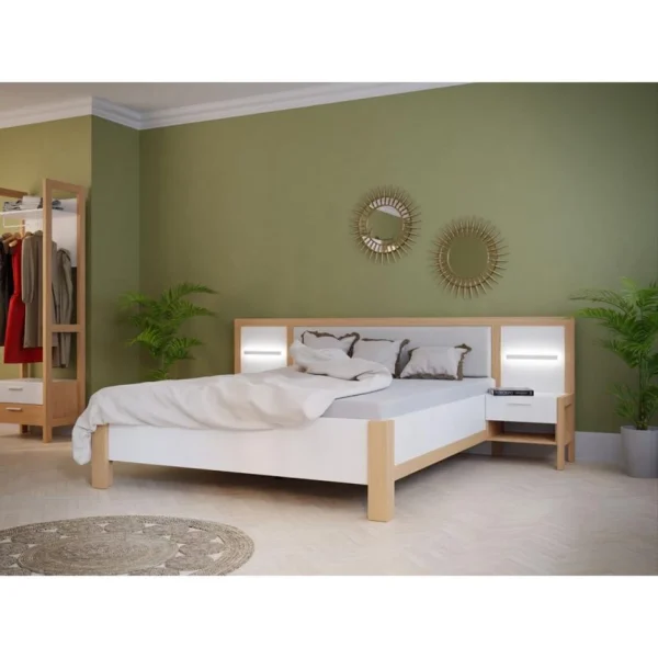 pas cher en vente Linea Natura Lit 160×200 Cm Chevets Et LED Intégrés OMBRONE Blanc Et Imitation Ch… 3