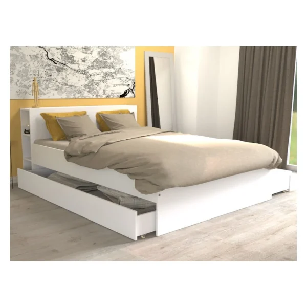 Le Quai Des Affaires Lit RIGA 140x190cm + Tête De Lit + 2 Tiroirs / Blanc prix de gros 3