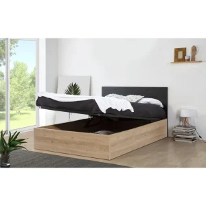 mode tendance Pegane Lit Adulte Avec Coffre En Mélamine Et Métal Coloris Chêne / Noir – … 15