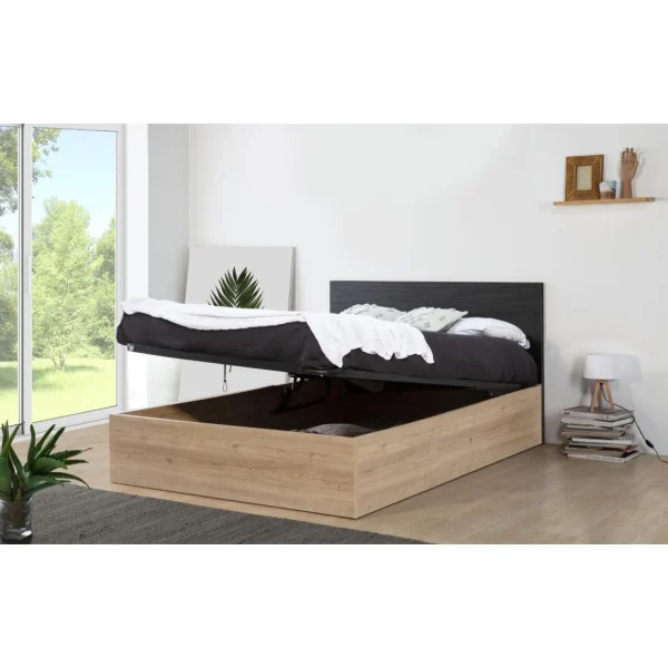 mode tendance Pegane Lit Adulte Avec Coffre En Mélamine Et Métal Coloris Chêne / Noir – … 6