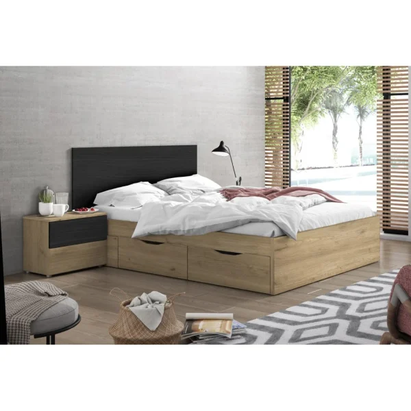 boutique en france Pegane Lit Adulte Avec Tiroirs En Mélamine Coloris Naturel, Noir – Longueur … 1