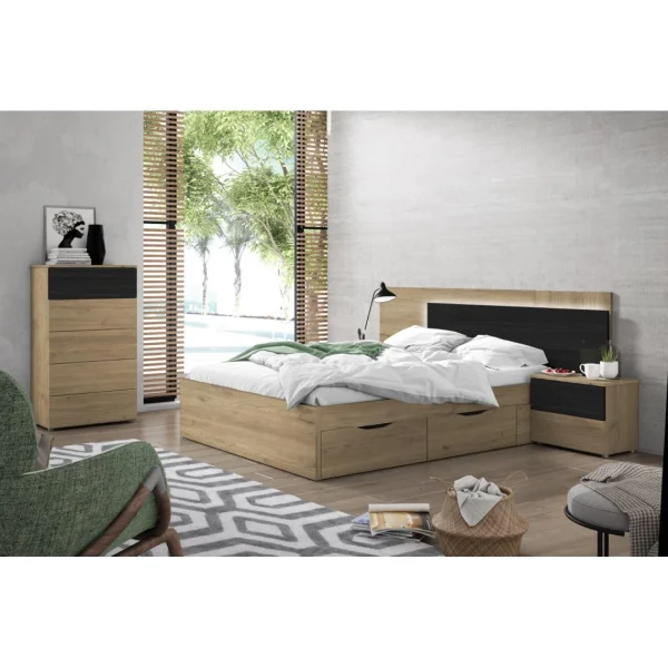 boutique en france Pegane Lit Adulte Avec Tiroirs En Mélamine Coloris Naturel, Noir – Longueur … 3