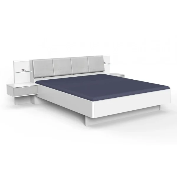 shopping pas cher Pegane Lit Adulte Double 180×200 Cm + 2 Chevets Coloris Blanc/béton Gris Cla… 1