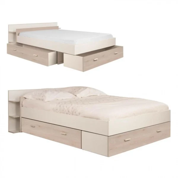 BUT Lit Avec Rangements 140×190 Cm TONIGHT Pin Blanchi Et Blanc Livraison rapide 1