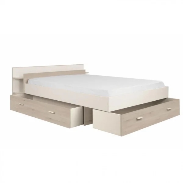 BUT Lit Avec Rangements 140×190 Cm TONIGHT Pin Blanchi Et Blanc Livraison rapide 5