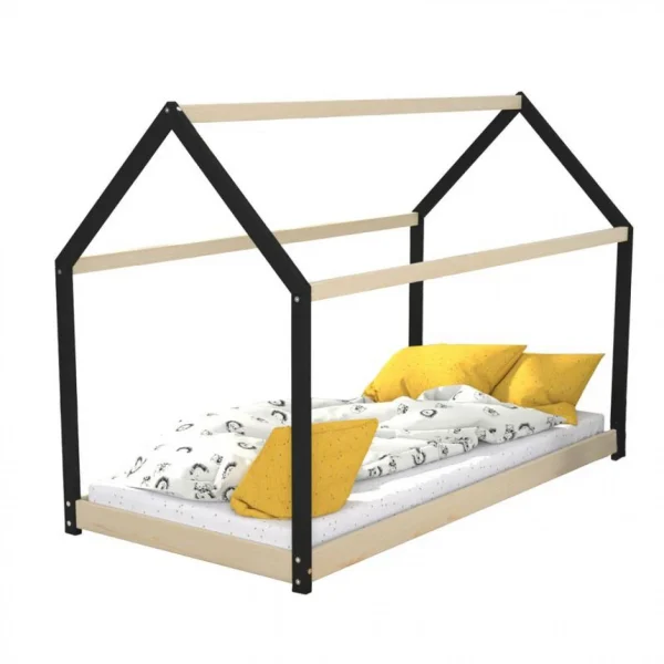 BUT Lit Cabane 90×190 Cm PANDA Avec Sommier Imitation Chêne Et Noir Les achats en ligne 1