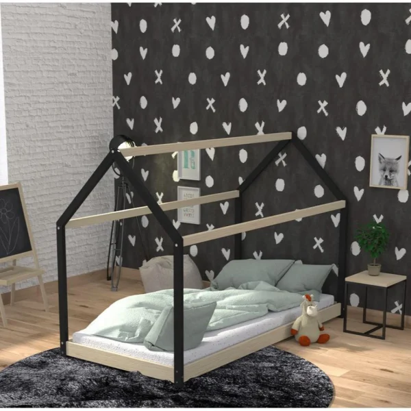 BUT Lit Cabane 90×190 Cm PANDA Avec Sommier Imitation Chêne Et Noir Les achats en ligne 5