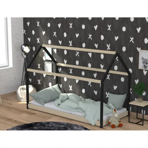 BUT Lit Cabane 90×190 Cm PANDA Avec Sommier Imitation Chêne Et Noir Les achats en ligne 6