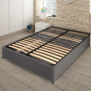 dernières Ebac Lit Coffre Savio – 160×200 – Tissu Déco Gris Clair – 36 Lattes Bois -… 9