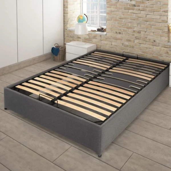 dernières Ebac Lit Coffre Savio – 160×200 – Tissu Déco Gris Clair – 36 Lattes Bois -… 3
