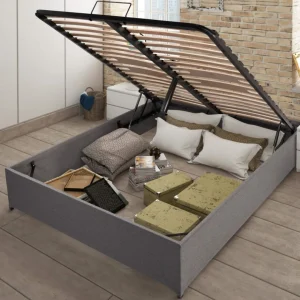 dernières Ebac Lit Coffre Savio – 160×200 – Tissu Déco Gris Clair – 36 Lattes Bois -… 11