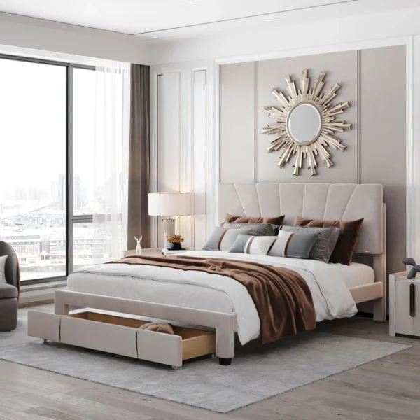 Marque Generique Lit Double 140 X 200 Cm Lit D’ameublement Velours – Beige magasin france 1