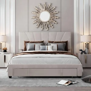 Marque Generique Lit Double 140 X 200 Cm Lit D’ameublement Velours – Beige magasin france 9