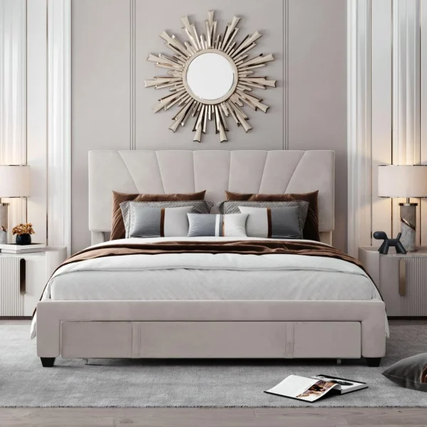 Marque Generique Lit Double 140 X 200 Cm Lit D’ameublement Velours – Beige magasin france 3