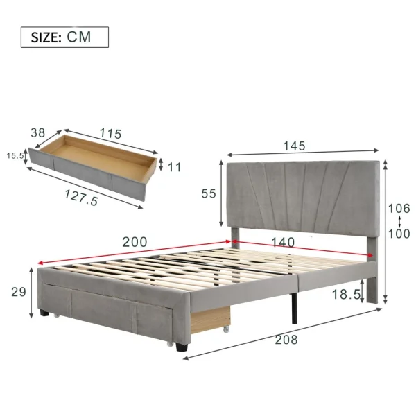 Marque Generique Lit Double 140 X 200 Cm Lit D’ameublement Velours – Gris magasin 4