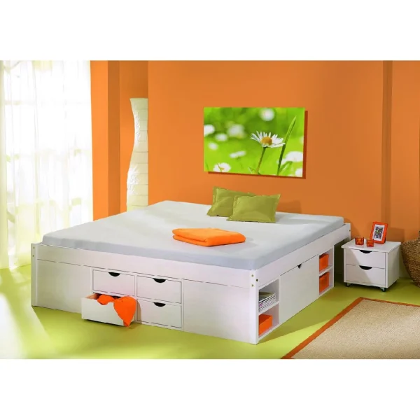 ALTER Lit Double Avec Rangements Et Table De Chevet Inclus Avec Roulettes, C… dernières 3