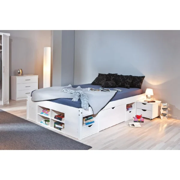 ALTER Lit Double Avec Rangements Et Table De Chevet Inclus Avec Roulettes, C… dernières 6