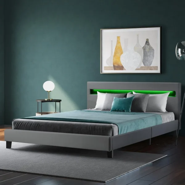 Marque Generique Lit Double Capitonné Avec Éclairage LED Tête De Lit 140×200 Cm Gri… marques de renommée 3