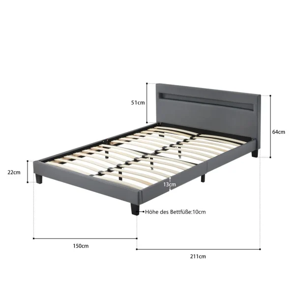 Marque Generique Lit Double Capitonné Avec Éclairage LED Tête De Lit 140×200 Cm Gri… marques de renommée 4
