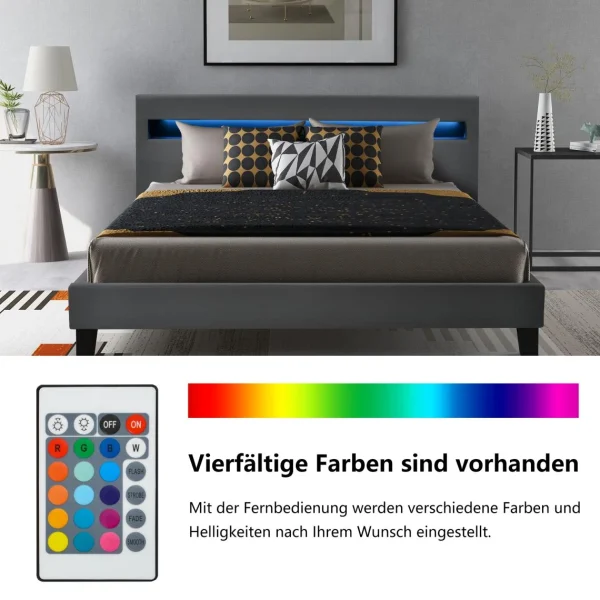Marque Generique Lit Double Capitonné Avec Éclairage LED Tête De Lit 140×200 Cm Gri… marques de renommée 5