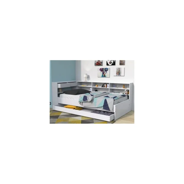 en ligne Le Quai Des Affaires Lit ROLLER 90×190 + 1 Sommier + 1 Tiroir + étagères / Blanc 1