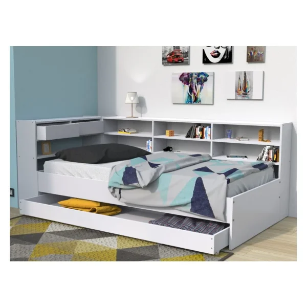 en ligne Le Quai Des Affaires Lit ROLLER 90×190 + 1 Sommier + 1 Tiroir + étagères / Blanc 3