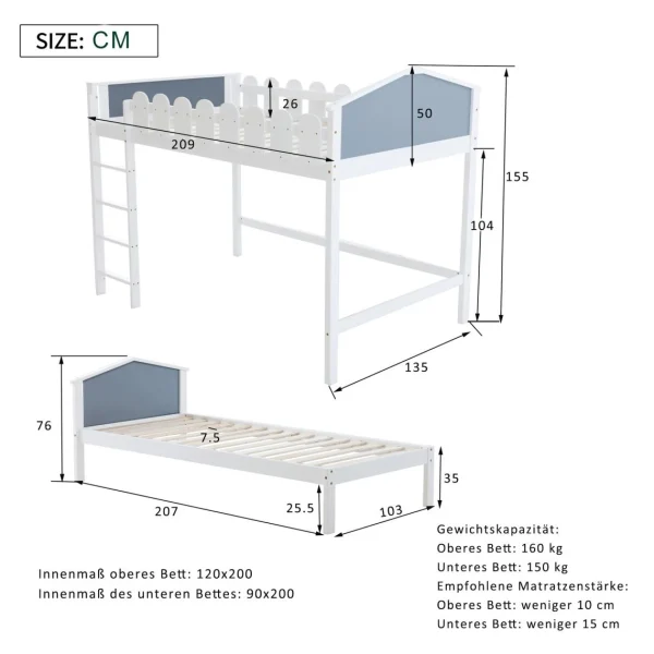 Marque Generique Lit Enfant Lit Superposé En Pin Massif 120 X 200/90 X 200 Cm, Blanc en france 4